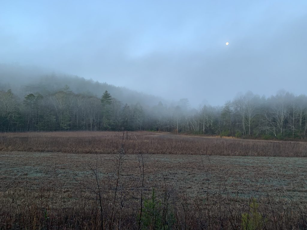 Moon over a field at sunrise on the Swinging Bridge route